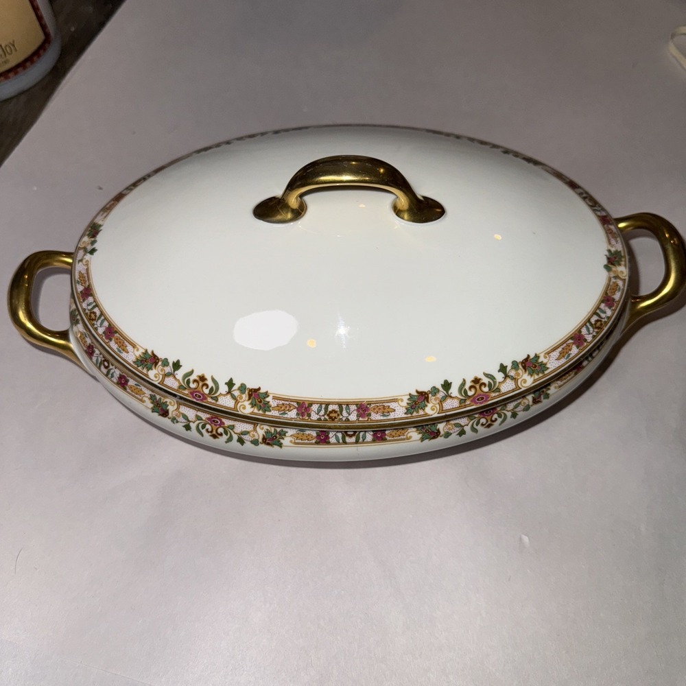 ANTIQUE B&C Limoges covered vegetable bowl The Arenida Print Discontinued Floral